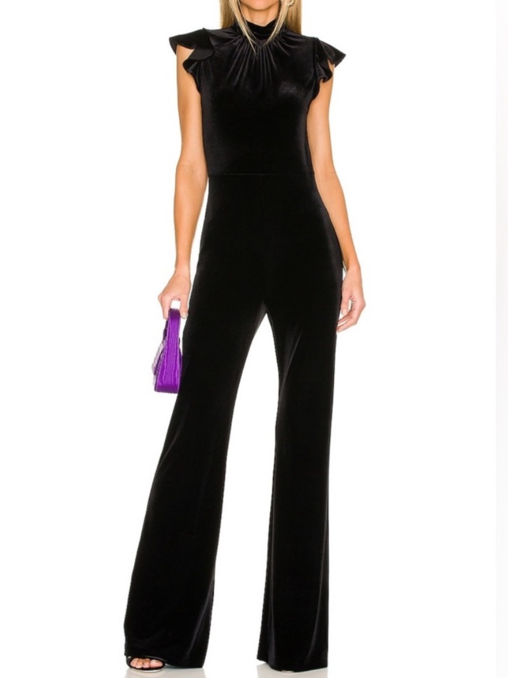Amanda Uprichard x REVOLVE Davina Jumpsuit in Black Velvet Flutter Top Flare Leg